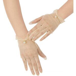 Women's Tan Evening Pearl Short Gloves Wedding Dance Party Tea Accessories